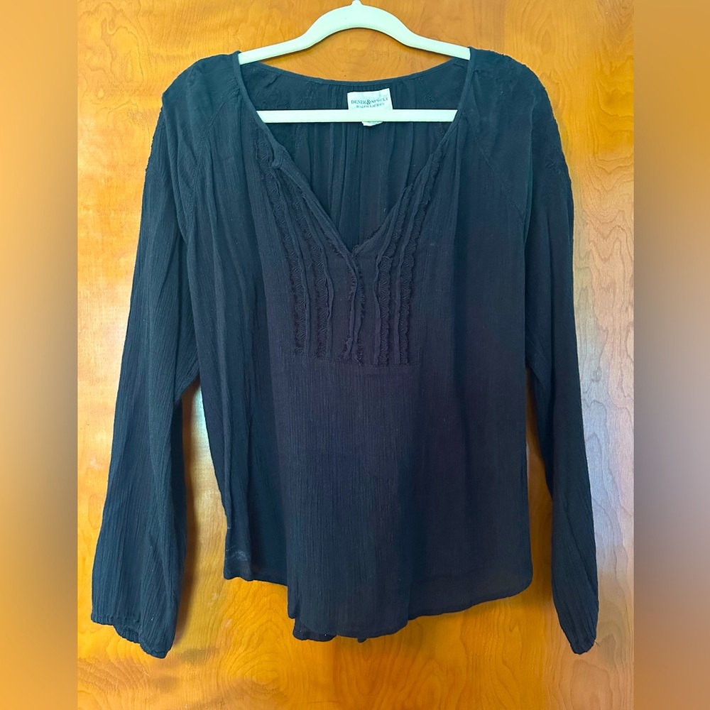 Ralph Lauren Denim & Supply Women's Black Gauze Long Sleeve Top, Size L